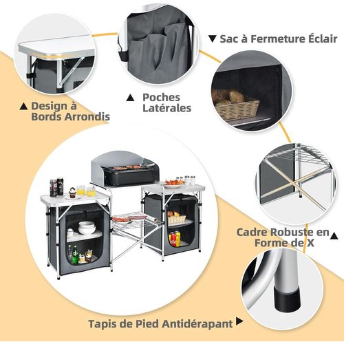 Table De Camping Pliable Avec Etagère De Rangement Et Protection Anti-eclaboussures (gris)