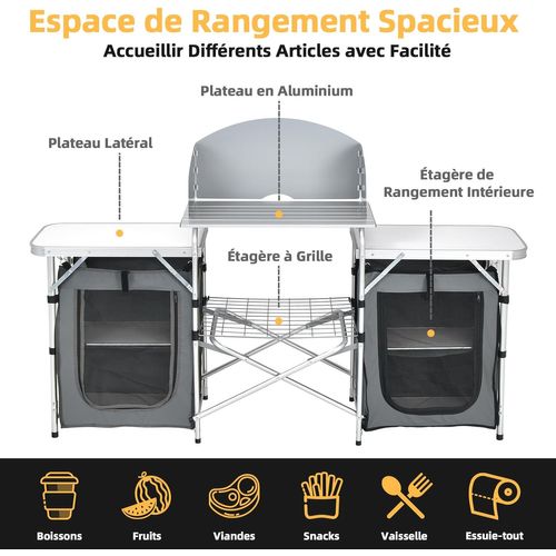 Table De Camping Pliable Avec Etagère De Rangement Et Protection Anti-eclaboussures (gris)