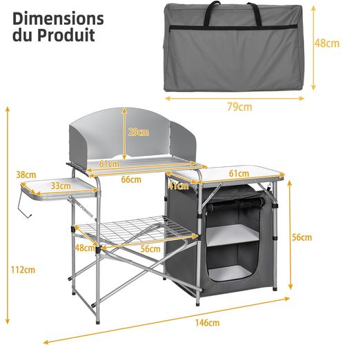Table De Camping Extérieur Avec Rangement, Cuisine De Camp Pliable, 146 X 45,5 X 112 Cm (gris)