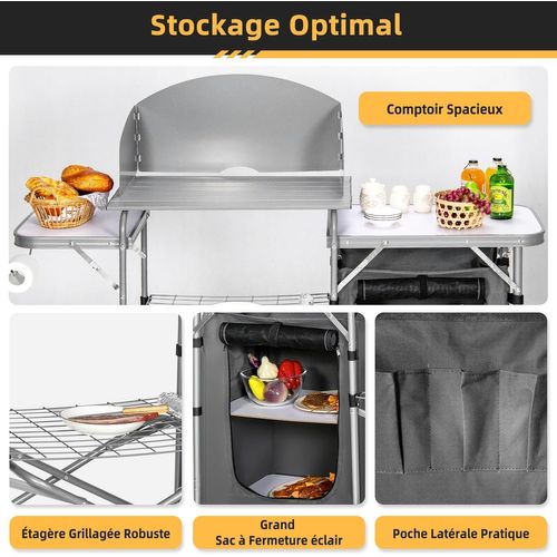 Table De Camping Extérieur Avec Rangement, Cuisine De Camp Pliable, 146 X 45,5 X 112 Cm (gris)