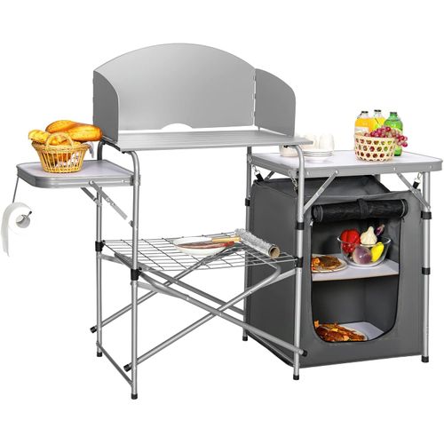 Table De Camping Extérieur Avec Rangement, Cuisine De Camp Pliable, 146 X 45,5 X 112 Cm (gris)