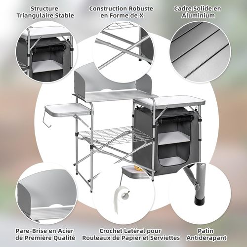 Table De Camping Extérieur Avec Rangement, Cuisine De Camp Pliable, 146 X 45,5 X 112 Cm (gris)