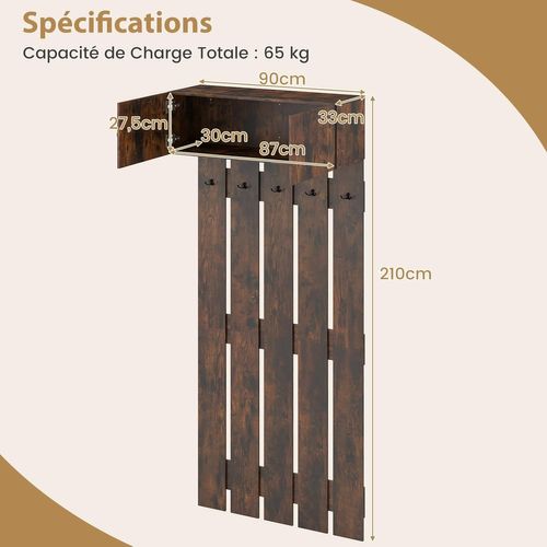 Porte-manteau Mural Pour Entrée, Portant Mural 210 Cm, 90 X 33 X 210 Cm, (marron Rustique)