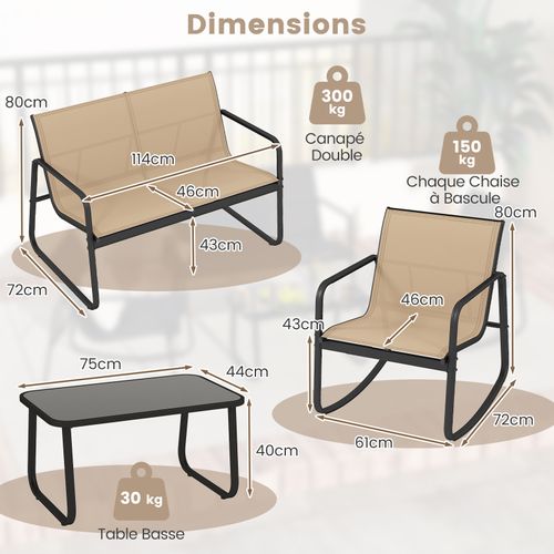 Salon De Jardin 4 Pièces Avec Chaises à Bascule Table En Verre Et Causeuse, Charge 150kg(marron)