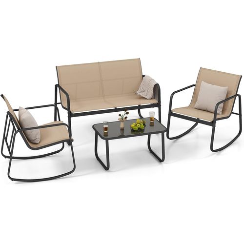 Salon De Jardin 4 Pièces Avec Chaises à Bascule Table En Verre Et Causeuse, Charge 150kg(marron)