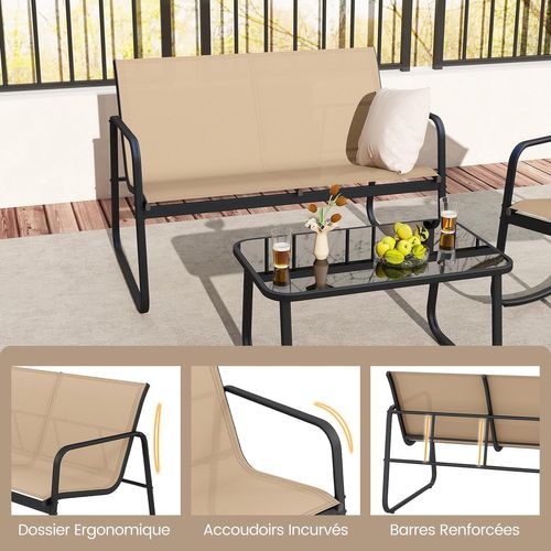 Salon De Jardin 4 Pièces Avec Chaises à Bascule Table En Verre Et Causeuse, Charge 150kg(marron)