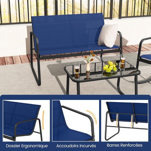 Salon De Jardin 4 Pièces Avec Chaises à Bascule Table En Verre, Cadre Métallique