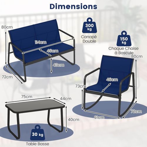 Salon De Jardin 4 Pièces Avec Chaises à Bascule Table En Verre, Cadre Métallique