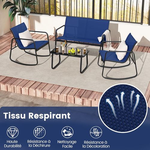 Salon De Jardin 4 Pièces Avec Chaises à Bascule Table En Verre, Cadre Métallique