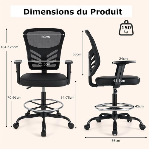 Chaise à Dessin Réglable En Hauteur,chaise De Travail Pivotante Avec Accoudoirs, Fauteuil De Bureau