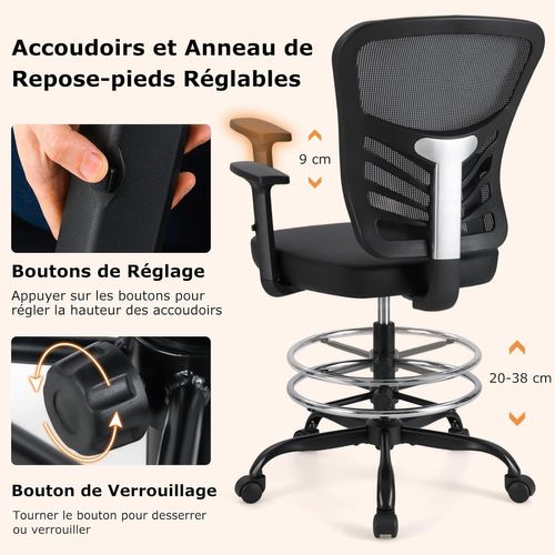 Chaise à Dessin Réglable En Hauteur,chaise De Travail Pivotante Avec Accoudoirs, Fauteuil De Bureau
