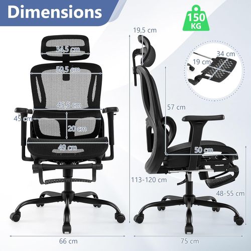 Chaise De Bureau,chaise Ergonomique Avec Dossier Haut,support Lombaire Ajustable,accoudoirs 3d,noir