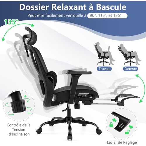 Chaise De Bureau,chaise Ergonomique Avec Dossier Haut,support Lombaire Ajustable,accoudoirs 3d,noir