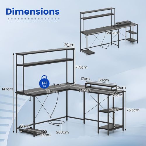 Bureau D'angle En L, Bureau Gaming Avec LED Reversible, Bureau D'ordinateur Avec Multiprise (noir)