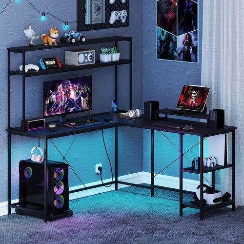 Bureau D'angle En L, Bureau Gaming Avec LED Reversible, Bureau D'ordinateur Avec Multiprise (noir)