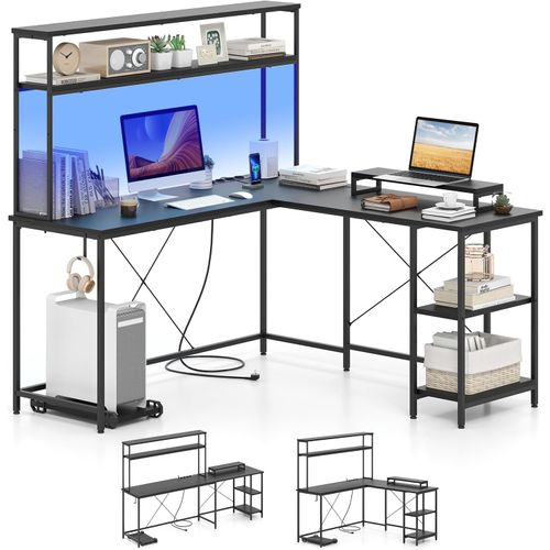 Bureau D'angle En L, Bureau Gaming Avec LED Reversible, Bureau D'ordinateur Avec Multiprise (noir)