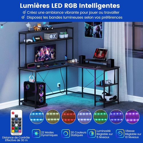 Bureau D'angle En L, Bureau Gaming Avec LED Reversible, Bureau D'ordinateur Avec Multiprise (noir)