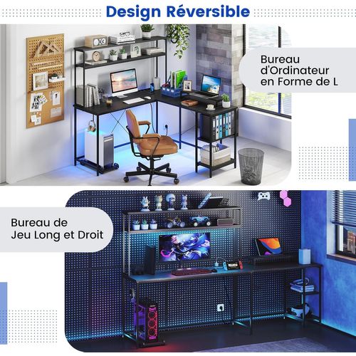 Bureau D'angle En L, Bureau Gaming Avec LED Reversible, Bureau D'ordinateur Avec Multiprise (noir)