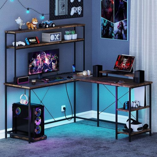 Bureau D'angle En L, Bureau Gaming Avec LED Reversible, Bureau D'ordinateur (marron Rustique)