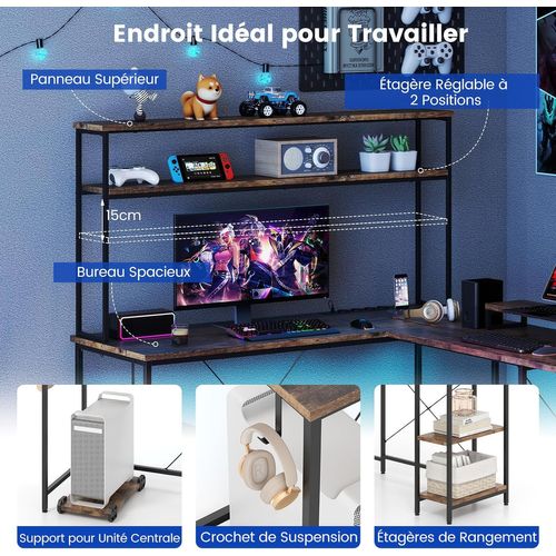 Bureau D'angle En L, Bureau Gaming Avec LED Reversible, Bureau D'ordinateur (marron Rustique)