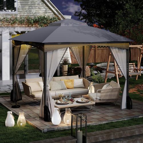 Tonnelle De Jardin 300 X 300 Cm Avec Parois En Filet,avec Double Toit Structure,gris