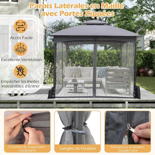 Tonnelle De Jardin 300 X 300 Cm Avec Parois En Filet,avec Double Toit Structure,gris