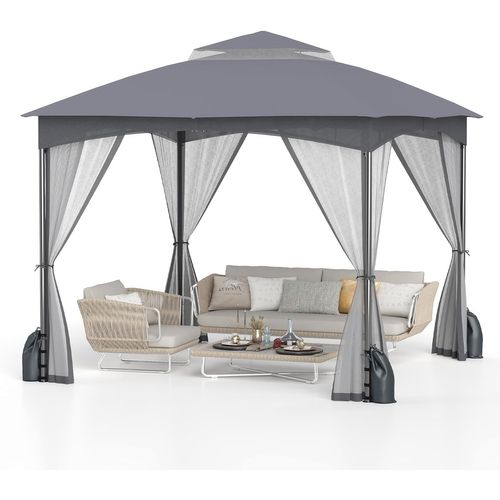 Tonnelle De Jardin 300 X 300 Cm Avec Parois En Filet,avec Double Toit Structure,gris