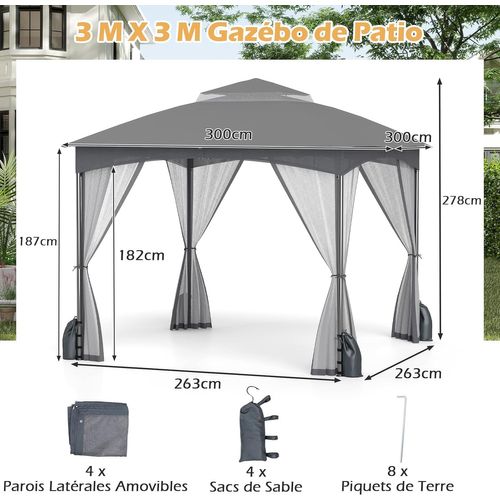 Tonnelle De Jardin 300 X 300 Cm Avec Parois En Filet,avec Double Toit Structure,gris