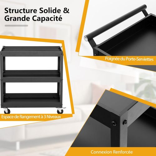 Desserte De Cuisine Sur Roulettes Universelles Avec 3 Etagères Ouvertes, 77,5 X 38 X 79 Cm (noir)