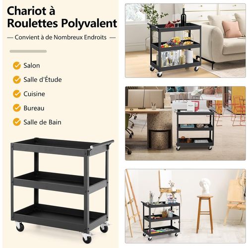 Desserte De Cuisine Sur Roulettes Universelles Avec 3 Etagères Ouvertes, 77,5 X 38 X 79 Cm (noir)