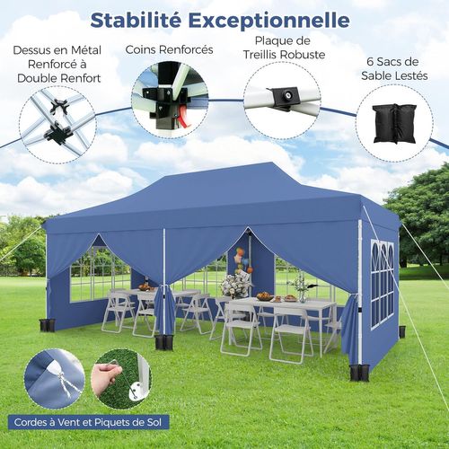 Tonnelle De Jardin 3x6m Avec 6 Parois Latérales Amovibles, Escamotable, 6 Sacs De Sable (bleu)