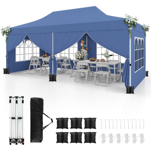 Tonnelle De Jardin 3x6m Avec 6 Parois Latérales Amovibles, Escamotable, 6 Sacs De Sable (bleu)