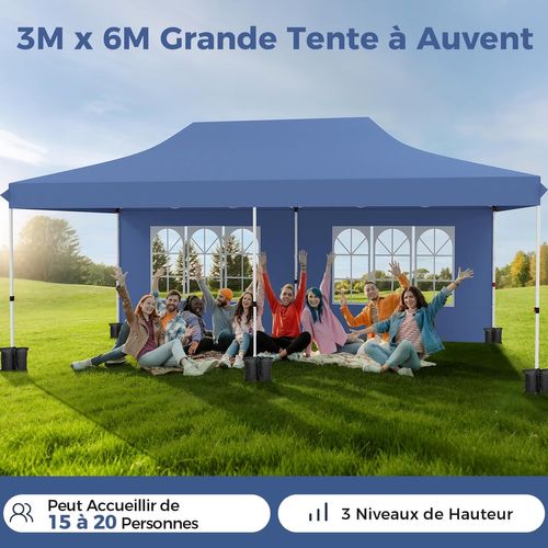 Tonnelle De Jardin 3x6m Avec 6 Parois Latérales Amovibles, Escamotable, 6 Sacs De Sable (bleu)