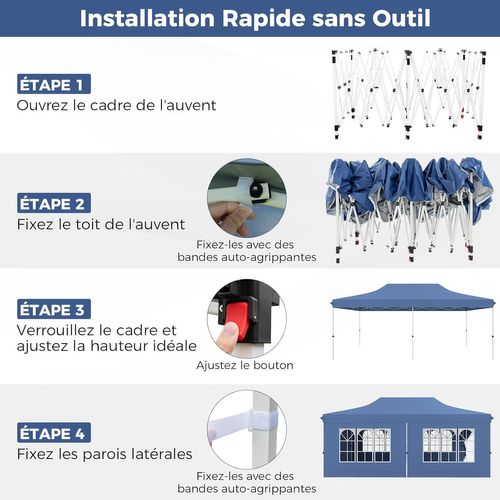 Tonnelle De Jardin 3x6m Avec 6 Parois Latérales Amovibles, Escamotable, 6 Sacs De Sable (bleu)