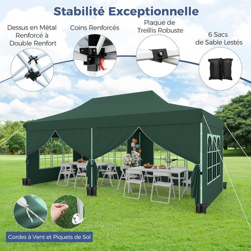 Tonnelle De Jardin 3x6m Avec 6 Parois Latérales Amovibles, Escamotable, 6 Sacs De Sable (vert)