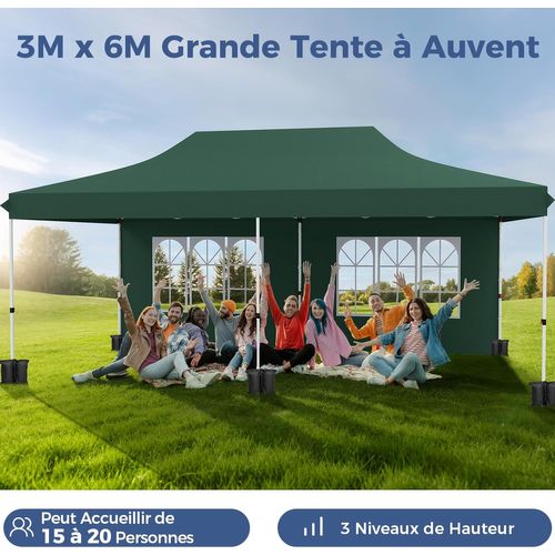 Tonnelle De Jardin 3x6m Avec 6 Parois Latérales Amovibles, Escamotable, 6 Sacs De Sable (vert)
