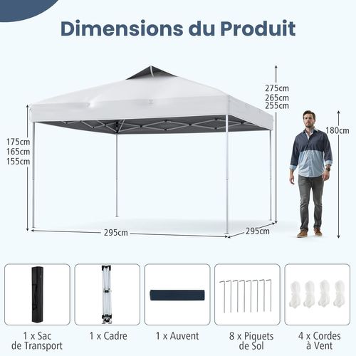 Tonnelle Pop-up 295x295cm Verrouillage Central Portable Avec Sac Et Accessoires,blanc