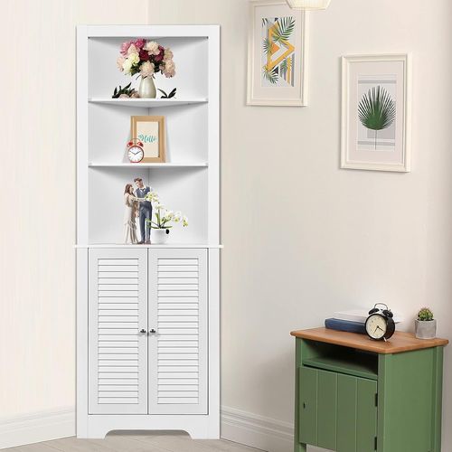 Armoire D'angle Pour Salle De Bain Avec 3 Etagères Ouvertes Et 1 Portes Volets, Blanc