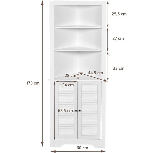 Armoire D'angle Pour Salle De Bain Avec 3 Etagères Ouvertes Et 1 Portes Volets, Blanc