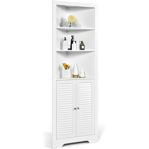 Armoire D'angle Pour Salle De Bain Avec 3 Etagères Ouvertes Et 1 Portes Volets, Blanc