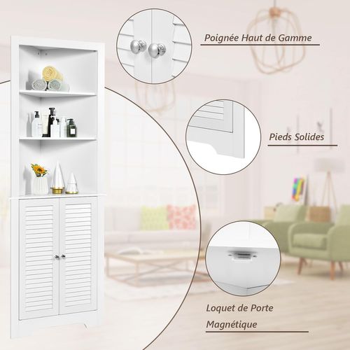 Armoire D'angle Pour Salle De Bain Avec 3 Etagères Ouvertes Et 1 Portes Volets, Blanc