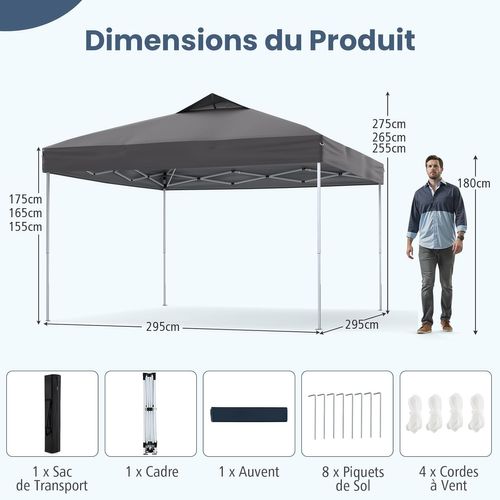 Tonnelle De Jardin Pop-up 295 X 295 Cm, Tente Réception Pliant Avec Verrouillage Central (gris)