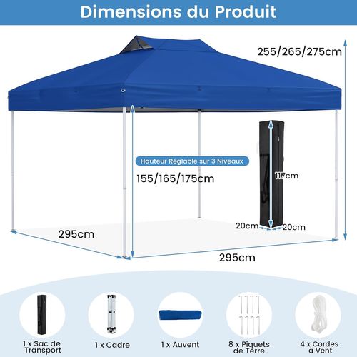 Tonnelle De Jardin Pop-up 295 X 295 Cm, Tente Réception Pliant Avec Verrouillage Central (bleu)