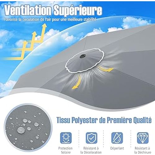 Parasol De Jardin Exterieur 300 Cm, 24 Lumières LED, Panneau Solaire, 35° Inclinaison