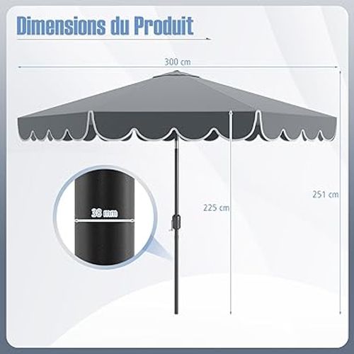 Parasol De Jardin Exterieur 300 Cm, 24 Lumières LED, Panneau Solaire, 35° Inclinaison