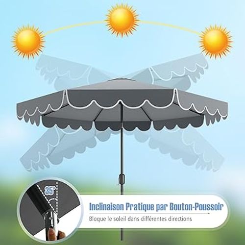 Parasol De Jardin Exterieur 300 Cm, 24 Lumières LED, Panneau Solaire, 35° Inclinaison