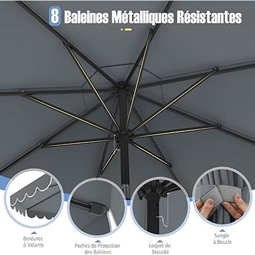 Parasol De Jardin Exterieur 300 Cm, 24 Lumières LED, Panneau Solaire, 35° Inclinaison