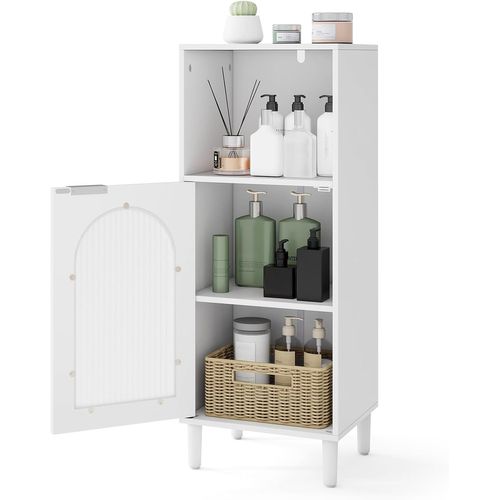 Meuble De Salle De Bain, Rangement En Bois Avec Étagère Réglable, Porte En Verre Trempé, Blanc