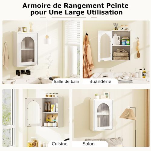 Armoire Murale De Salle De Bain, Armoire à Pharmacie Avec Porte En Verre Trempé Et Étagère,blanc