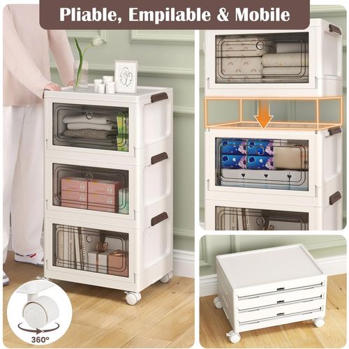 Boîtes Rangement Plastique, Pliables Avec Roues, Poignée Anneaux, Porte Magnétique (75 L)